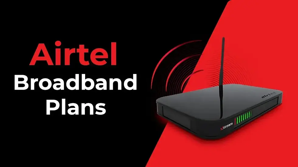 Black router on a red and black background. Text: "Airtel Broadband Plans." Router lights green, signal waves displayed, modern look.