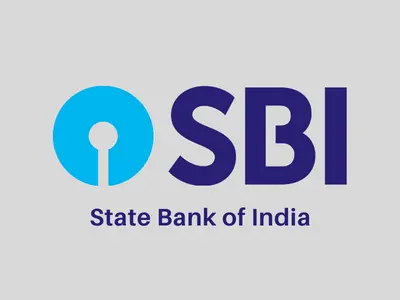 SBI logo with a blue circle and keyhole design beside bold purple letters. Text reads "State Bank of India" below. Gray background.
