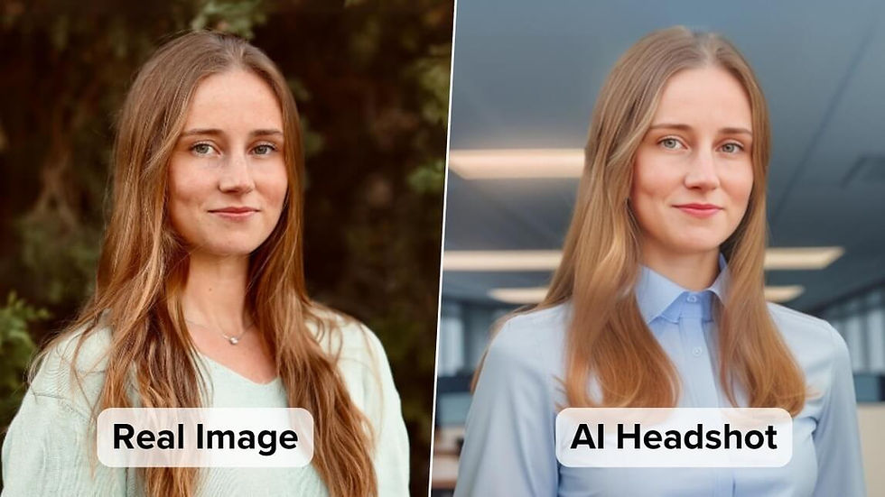 Split image of a woman. Left: real photo with natural background, labeled "Real Image." Right: AI-generated in office, labeled "AI Headshot."