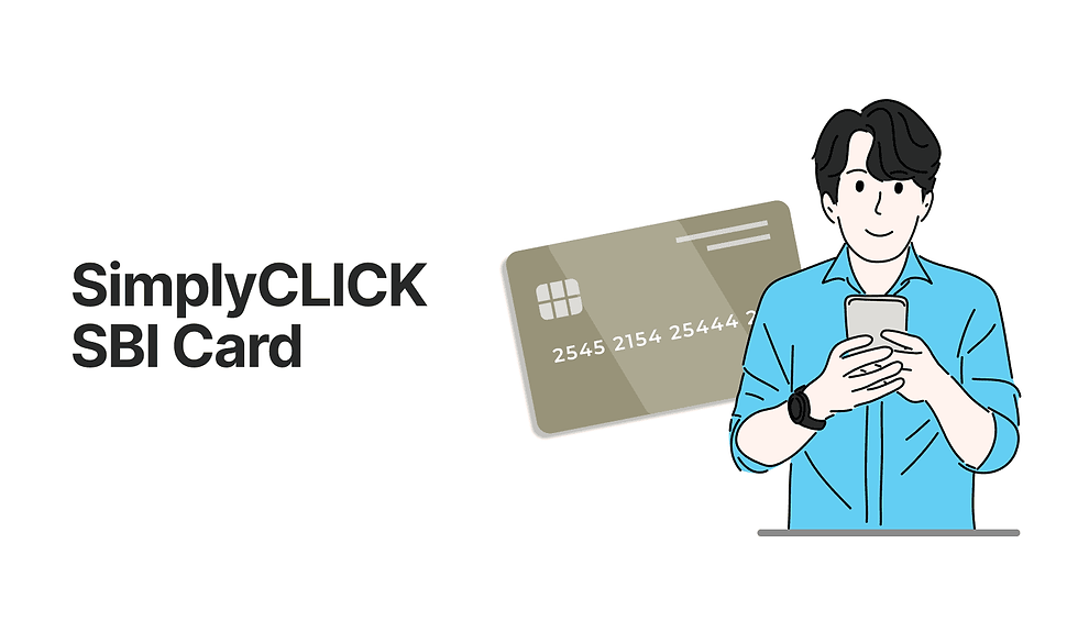 Person in blue shirt using phone, next to an SBI credit card. Text: SimplyCLICK SBI Card. White background, calm mood.