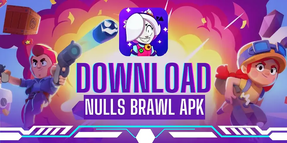 Game characters in action against a vibrant, explosive background. Text reads "DOWNLOAD NULLS BRAWL APK" in bold, colorful letters.