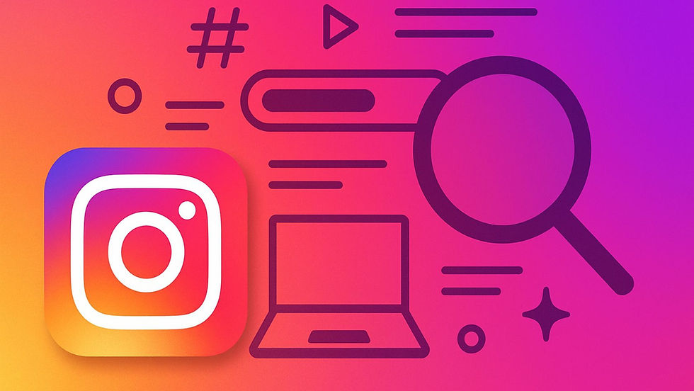 Instagram logo on a pink-orange gradient with icon designs of a laptop, magnifying glass, hashtag, and play button, conveying a digital theme.