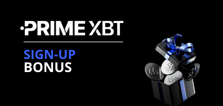 Black background with "PRIME XBT" and "SIGN-UP BONUS" text. Gift box with blue ribbon and coins icon. Promotional theme.