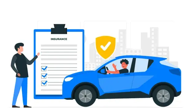 Man in blue car waves near a document labeled "Insurance" with checkmarks. Yellow shield icon in urban backdrop, conveying approval.