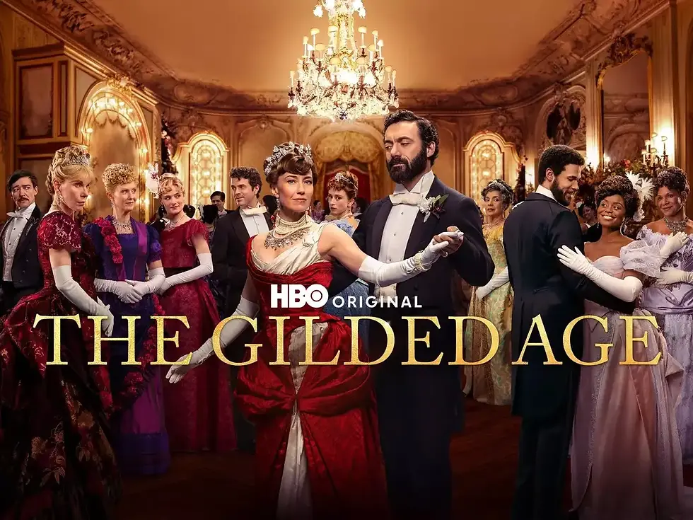 Formal ballroom scene with elegantly dressed people dancing under chandeliers. Text: "HBO Original The Gilded Age." Rich colors and ornate decor.