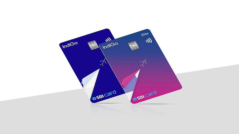 Two SBI credit cards are displayed. One is dark blue, the other is blue-pink gradient. Both have "IndiGo" and "SBI Card" logos.