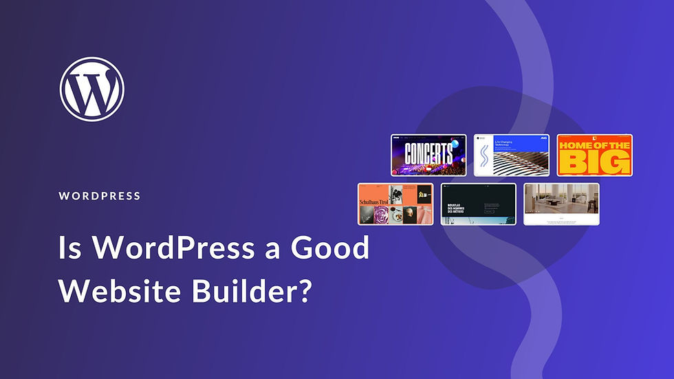 WordPress logo on purple background with text "Is WordPress a Good Website Builder?" and various colorful webpage thumbnails.