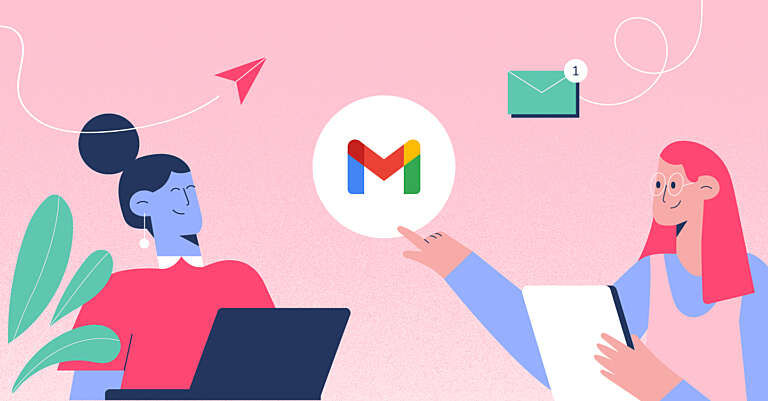Two illustrated people interact with laptops; one points at the Gmail logo. Background includes paper plane, email icon, and pink tones.