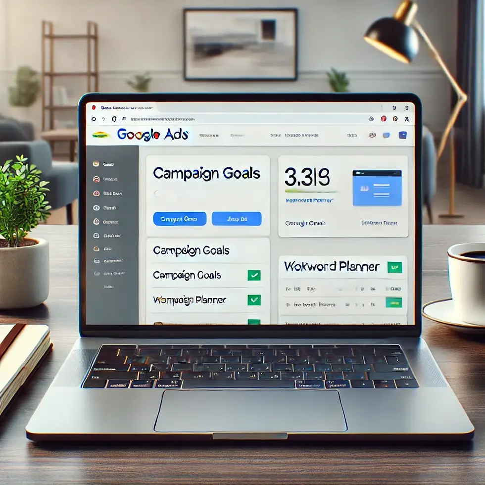 A laptop displaying the Google Ads dashboard in a modern workspace, showing options like Campaign Goals, Keyword Planner, and an ad preview. A coffee cup and notebook are placed beside the laptop.