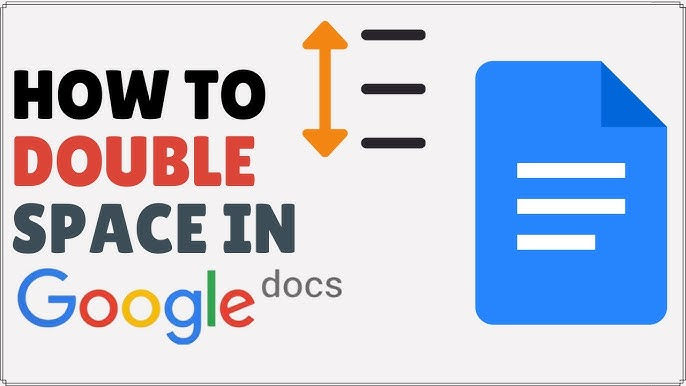 Text "HOW TO DOUBLE SPACE IN Google docs" with a blue document icon and an orange double-headed arrow in a minimal style.