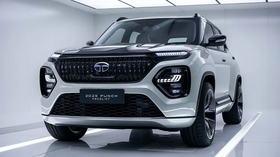 White SUV in a modern showroom labeled "2025 Punch Facelift." Bold black grille, sleek LED lights, and futuristic design.