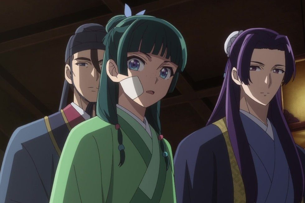 Three anime characters stand indoors, two with long hair and one with a bandage on the face. They appear serious, wearing traditional outfits.