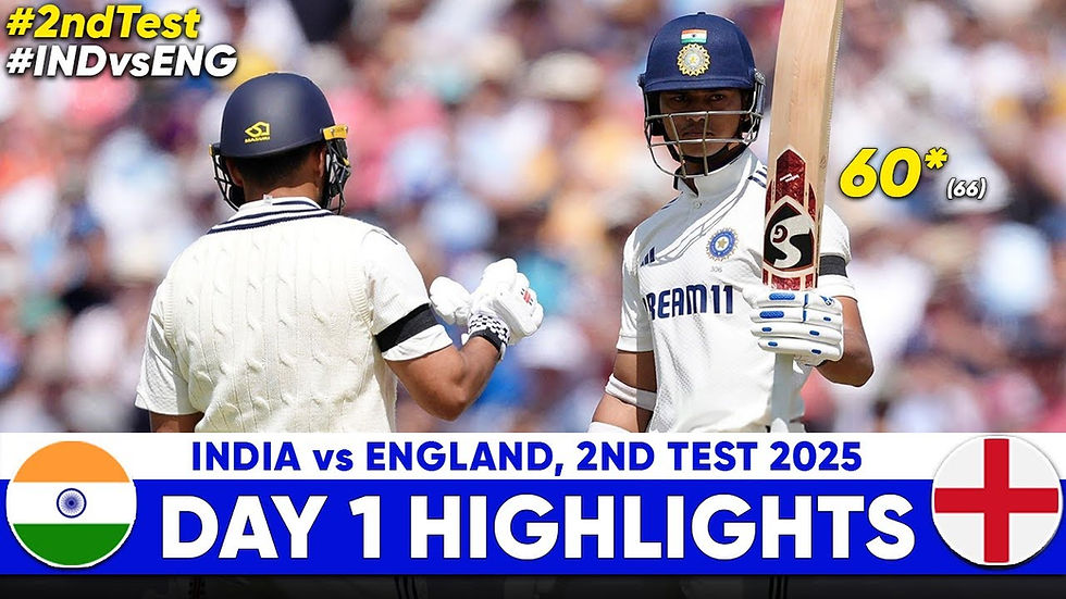 Cricketer in Indian jersey holding a bat, celebrating a score of 60*. Another player faces him. Text: "IND vs ENG, DAY 1 HIGHLIGHTS."
