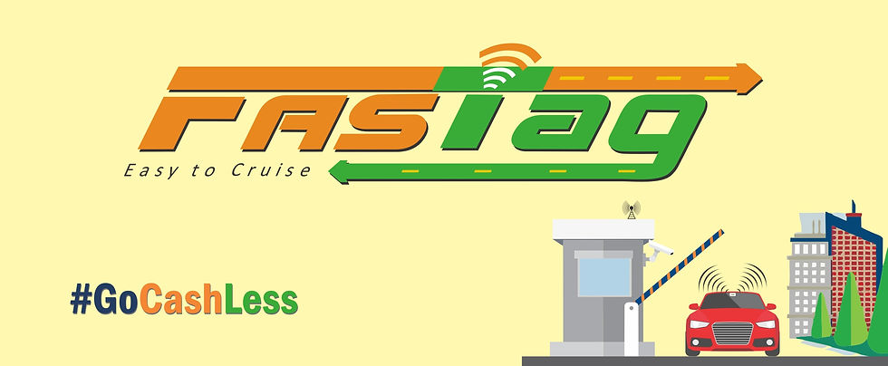 FASTag logo in orange and green with "Easy to Cruise" text. Red car at toll booth, wi-fi symbol, buildings in background. #GoCashLess.