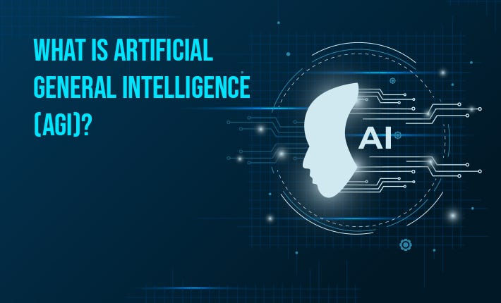 Silhouette of a human head with AI circuitry on a dark blue digital background. Text reads: "What is Artificial General Intelligence (AGI)?"