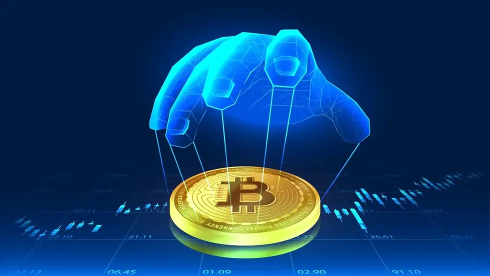 A digital hand manipulates a Bitcoin coin like a puppet over a blue stock market chart. The scene glows with tech-themed energy.