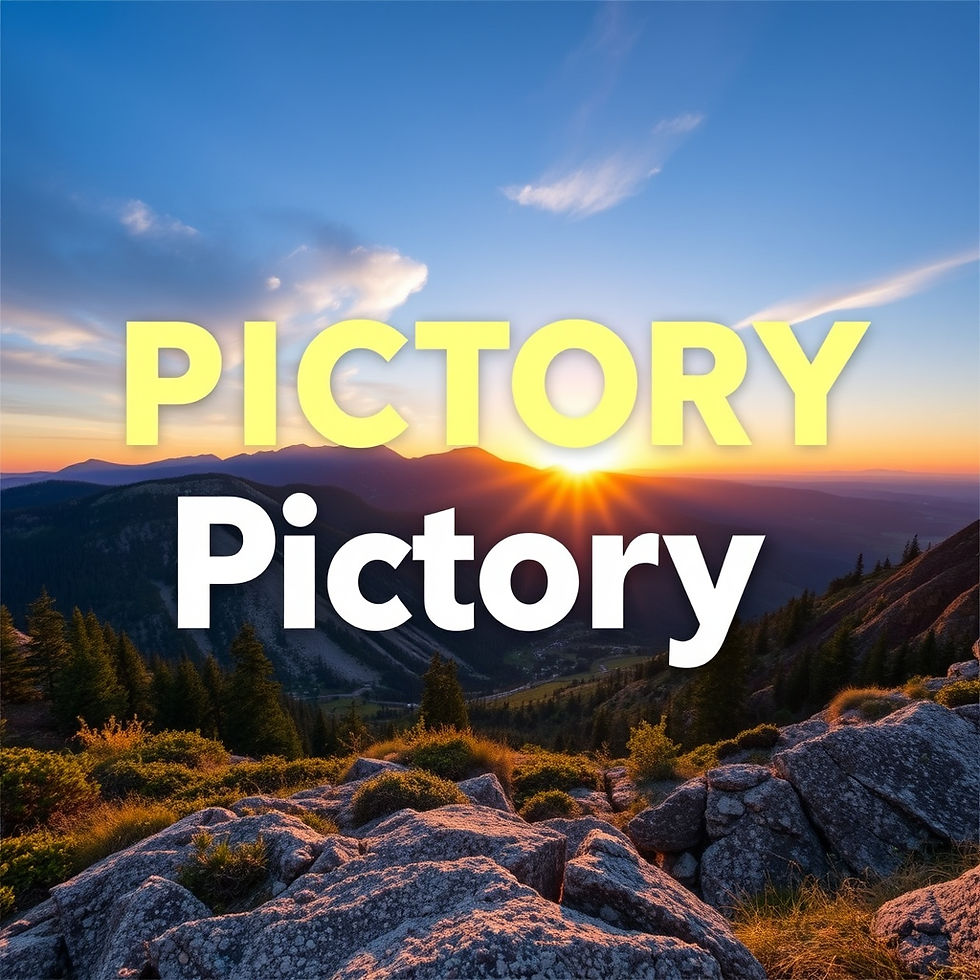 Sunset over mountains with rocks and trees in foreground. Sky is colorful with clouds. Bold text "PICTORY" overlays the scene.