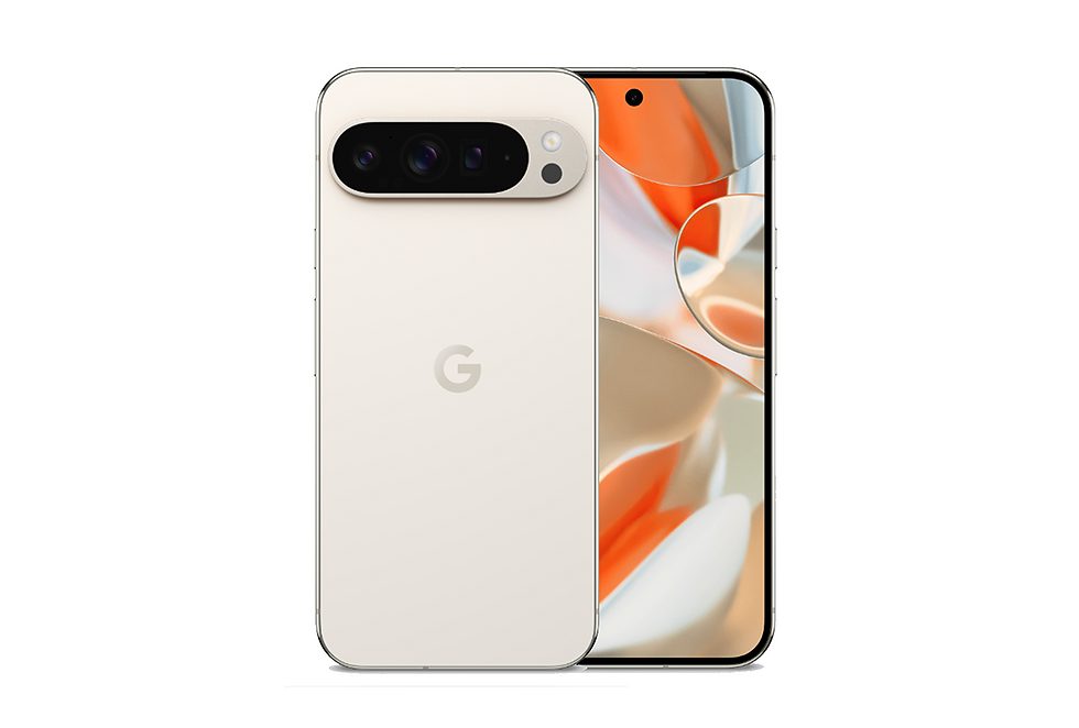 Front and back view of a sleek smartphone with a bold orange and white abstract background, featuring a "G" logo and a triple camera.