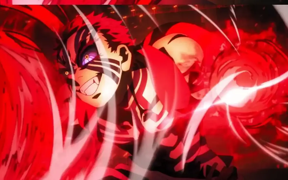 Anime character with tribal patterns fiercely grins in a dynamic pose, surrounded by swirling red and white energy in a dramatic scene.