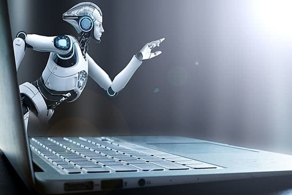 A robot reaches over a silver laptop keyboard, pointing forward. The setting is futuristic with a bright, glowing background.