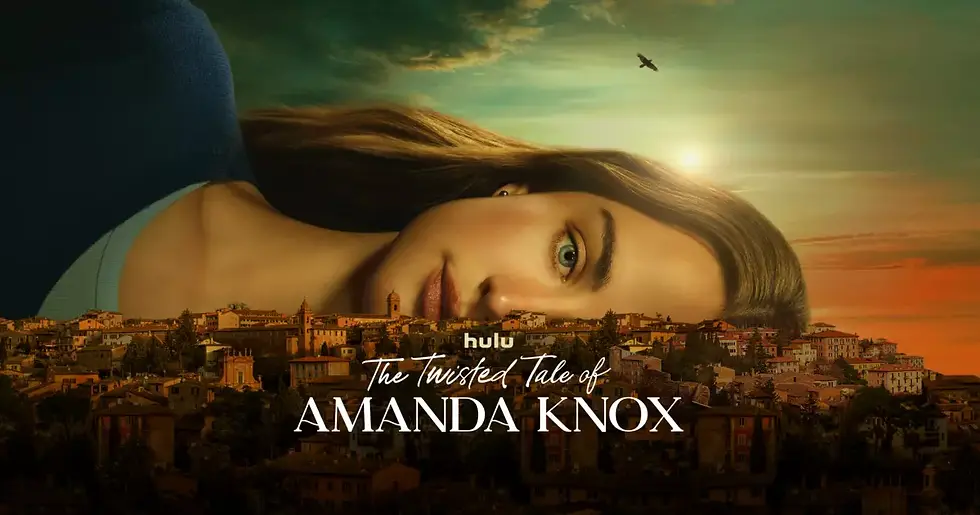 Close-up of a woman's face over an Italian city at sunset. Text reads "The Twisted Tale of Amanda Knox" and "Hulu" with a bird in the sky.