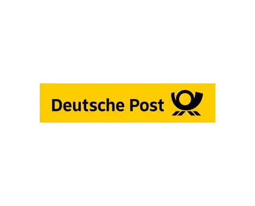 Yellow "Deutsche Post" logo on a black background with bold black text and a mail horn symbol, conveying a postal theme.