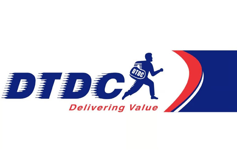 DTDC logo with a running courier figure, text "Delivering Value" in red. Blue and red swoosh design on the right.