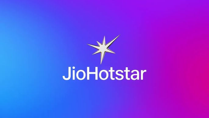 JioHotstar logo with a star icon on a vibrant blue to purple gradient background. Bright and modern design conveys a dynamic feel.