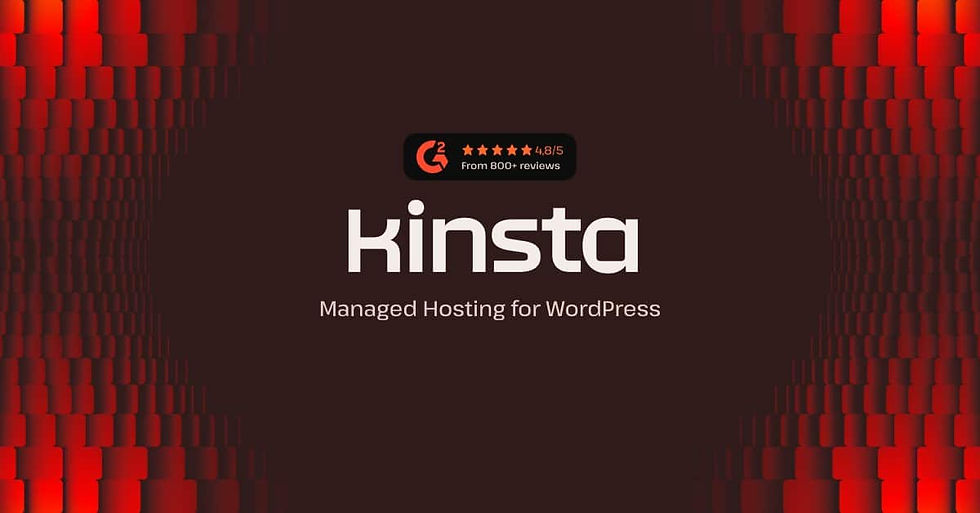 Kinsta logo on dark red background with curved pattern. Text: Managed Hosting for WordPress. G2 rating: 4.8/5 from 800+ reviews.