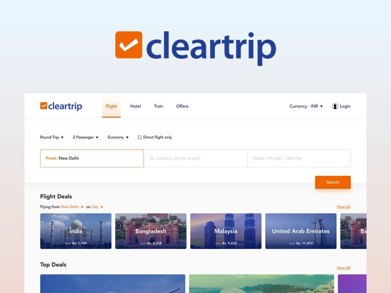 Cleartrip website interface showing flight search options from New Delhi. Includes destination deals for India, Bangladesh, Malaysia, and UAE.