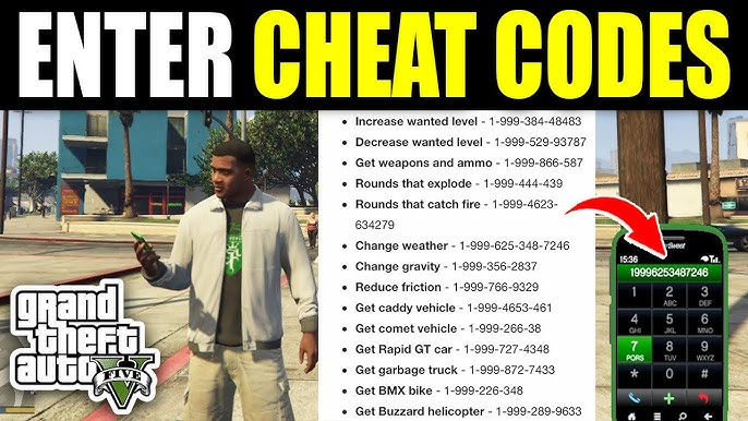 GTA V character holding phone, city street backdrop. Text: "ENTER CHEAT CODES." List of codes shown. Vibrant, game-themed scene.