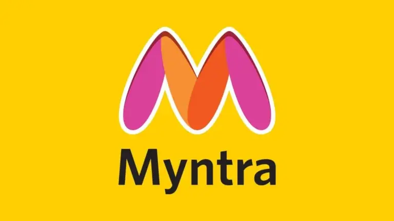 Colorful "M" logo with pink and orange on a yellow background. "Myntra" text in black below, vibrant and modern design.