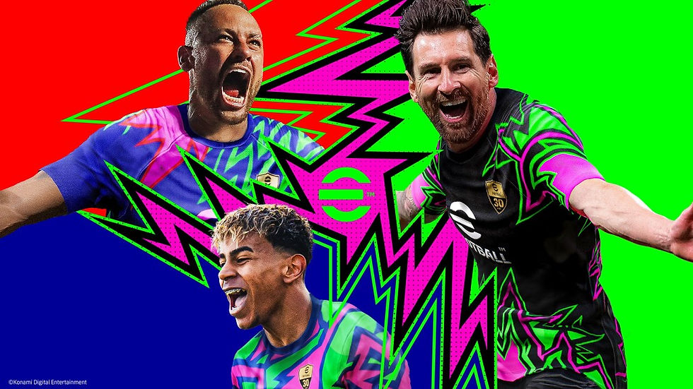 Three soccer players in vibrant, patterned jerseys celebrate energetically against a bold, colorful background. Text: "Konami Digital Entertainment".