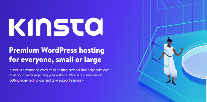 Kinsta ad with text: "Premium WordPress hosting for everyone, small or large." Features a person in white near a large blue circular portal.