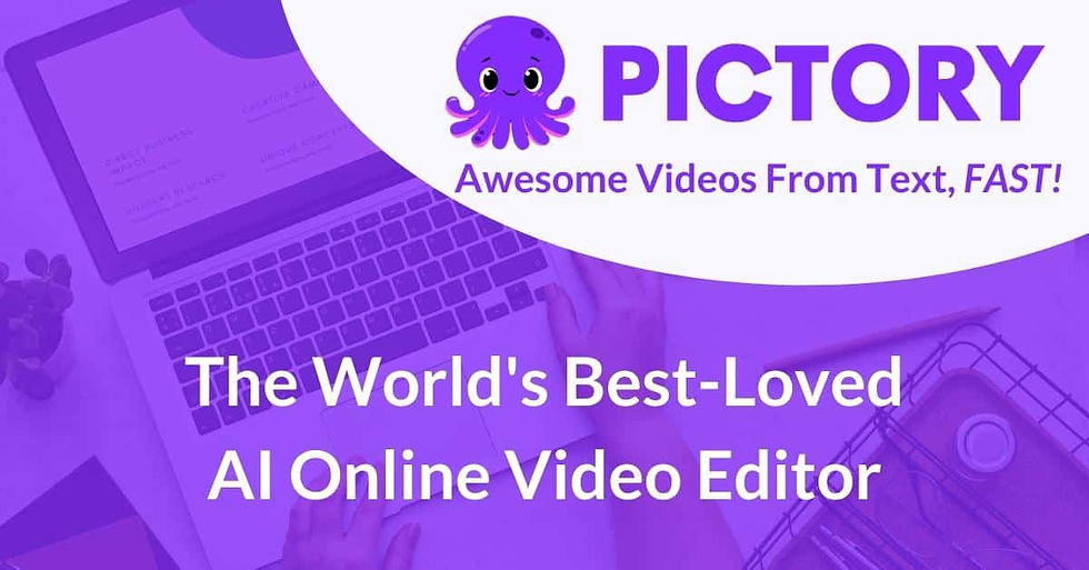 Purple-themed ad with laptop, hands typing. Text: "PICTORY – Awesome Videos From Text, FAST! The World's Best-Loved AI Online Video Editor."