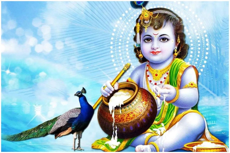 Young deity with blue skin holding a pot of spilling cream, adorned in jewels. A peacock stands nearby. Blue and radiant background.