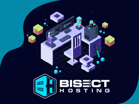 Stylized gaming desk setup with a monitor, PC, and pixelated sword. Text: "Bisect Hosting" with a blue logo, set against a dark backdrop.
