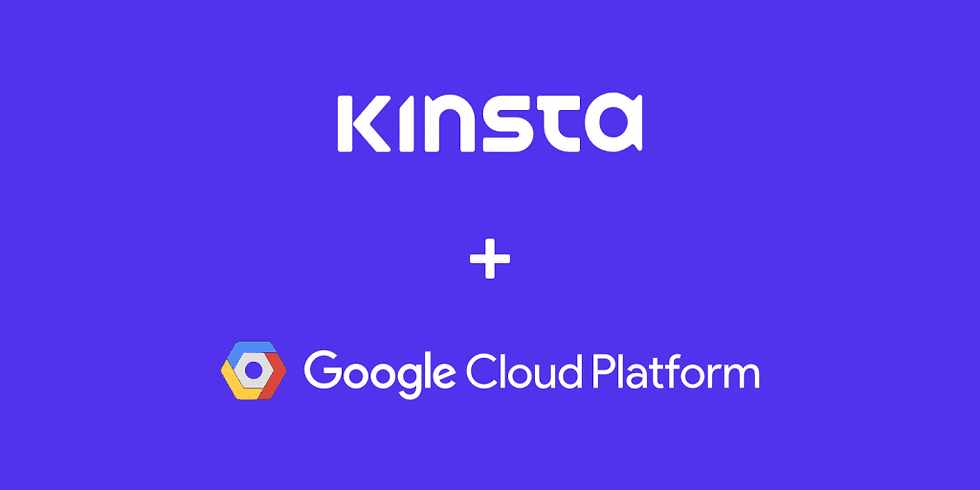 Kinsta and Google Cloud Platform logos on a blue background with a plus sign, indicating a partnership or collaboration.
