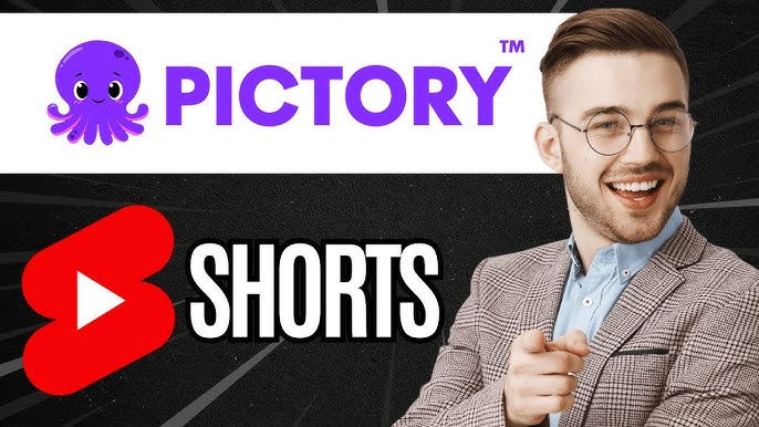 Smiling man points at viewer. "PICTORY" with purple octopus logo and "SHORTS" text. Red play button icon. Dark background, cheerful mood.