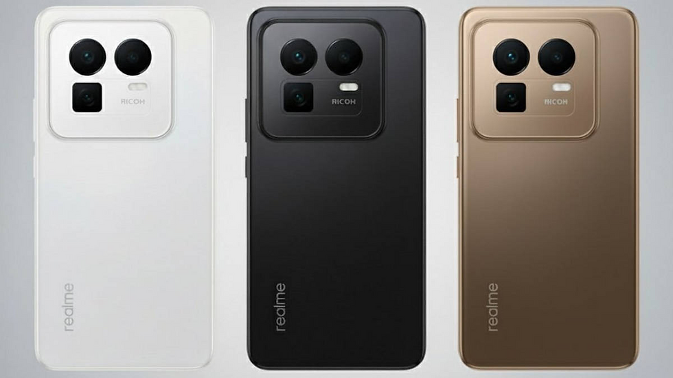 Three smartphones in white, black, and gold with dual-camera setups featuring "RICOH" branding. "Realme" logo visible on each phone.