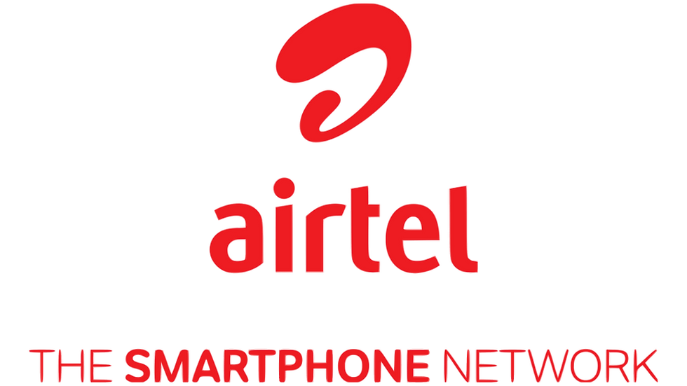 Red Airtel logo with abstract symbol above the word "airtel" and tagline "THE SMARTPHONE NETWORK" below, on a black background.
