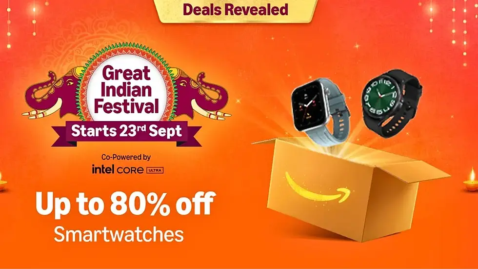 Festive ad for the Great Indian Festival starting 23rd Sept. Shows smartwatches with up to 80% off, orange background, and decorative elephants.