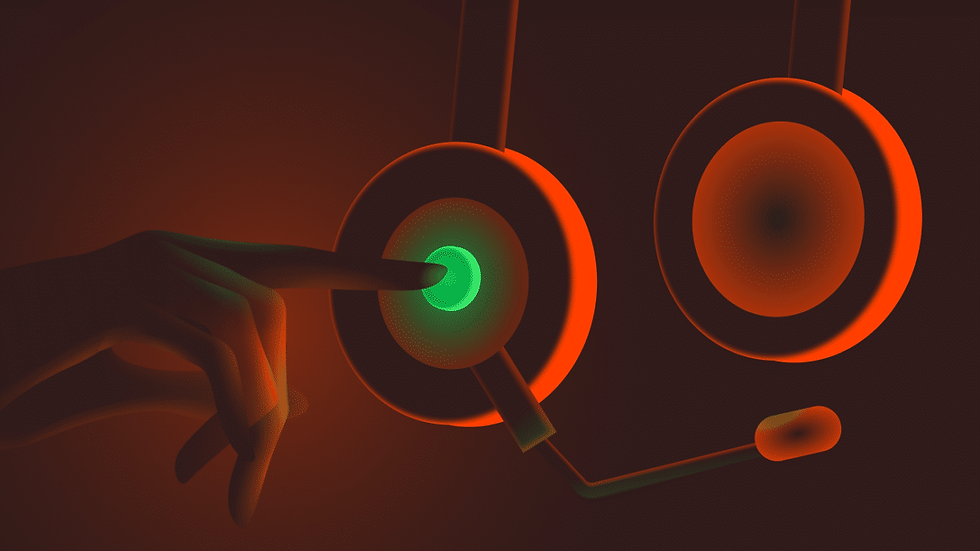 A hand touches a glowing green button on an abstract, red-orange background with circular shapes, creating a futuristic vibe.