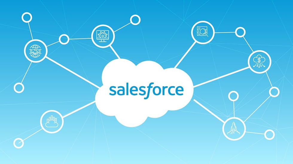 Salesforce logo in a cloud, connected to various tech icons on a blue gradient background, representing network and technology integration.