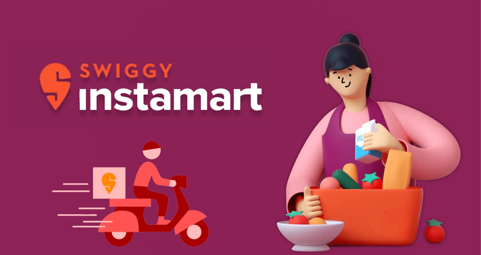 Illustration showing a woman with groceries and a milk carton, alongside a delivery scooter. "Swiggy Instamart" text on a purple background.