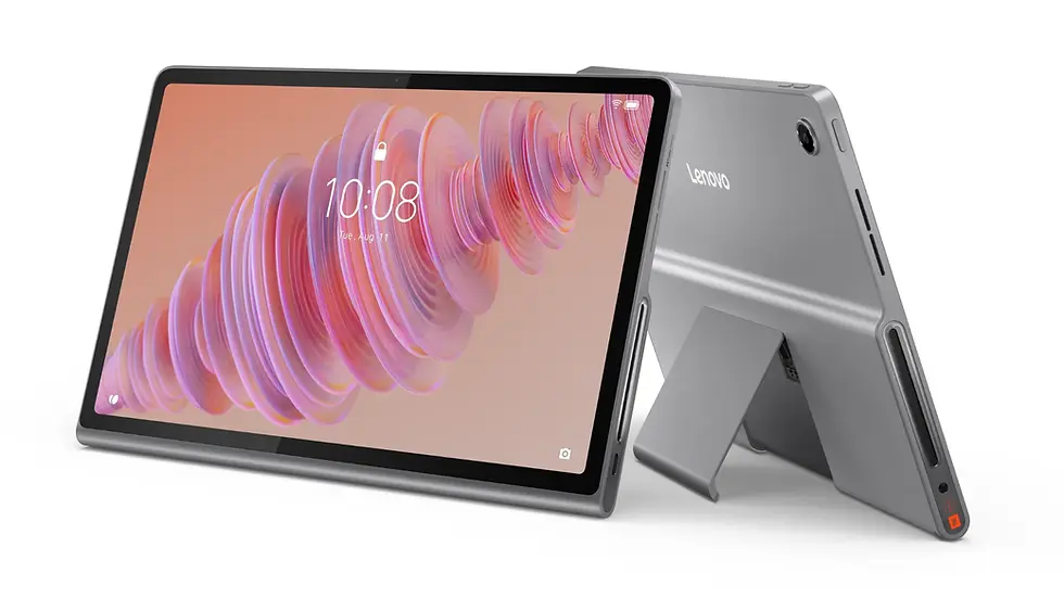 Two Lenovo tablets in a stand position. Front display shows a pink pattern with time 10:08. Gray color with sleek design and camera.