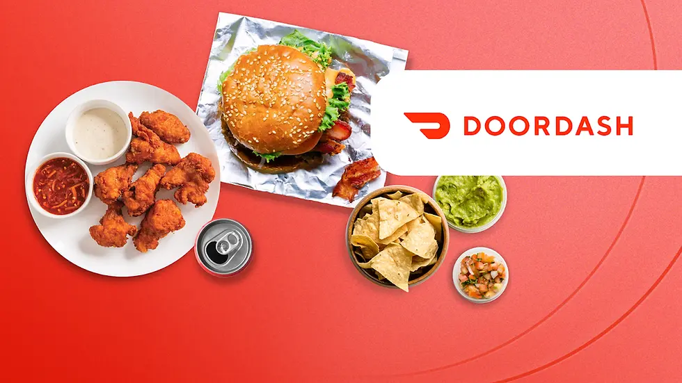 Burger, wings, sauces, chips with guacamole and salsa plus a soda on red background. DoorDash logo in white space on the right.