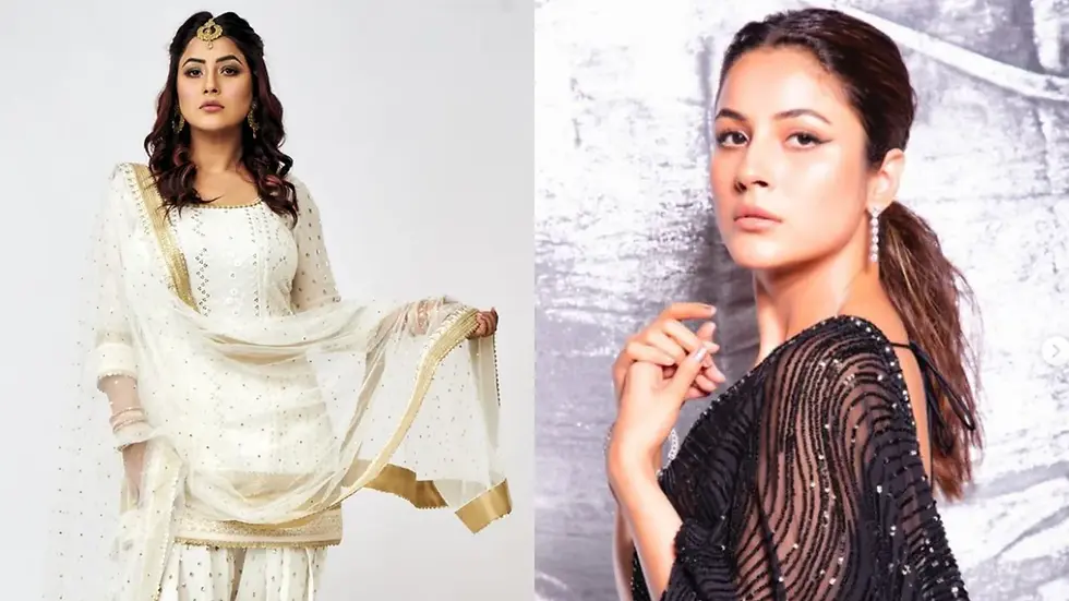 Two women pose separately; the left in a white gold-trimmed outfit, the right in a black sequined dress. Both have serious expressions.