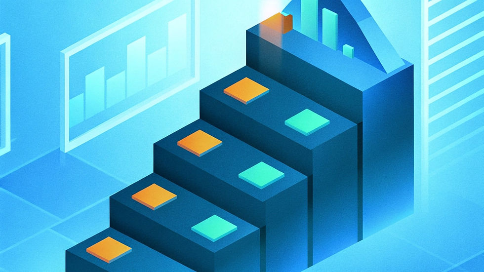 Blue 3D graphic of ascending steps with orange and teal squares, surrounded by charts and bars, depicting growth or progress.