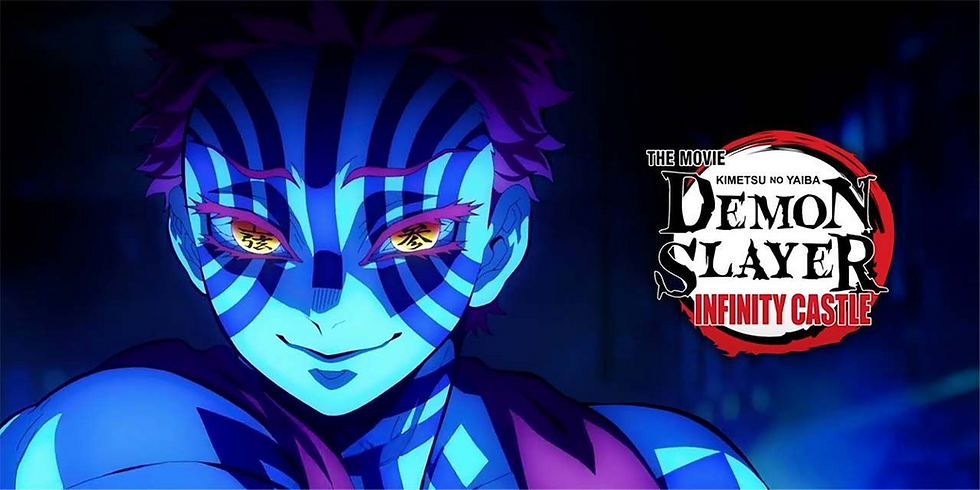 Blue-striped character with glowing eyes and a mischievous smile. "Demon Slayer: Infinity Castle" text on a dark background.